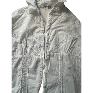 white blouse cotton boho  crochet trim victorian collared LG long sl sm flaw